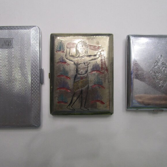 3 Metal Cigarette Card Cases Silverplate Vintage India Yoga Bollywood England - Picture 2 of 10